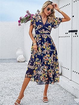 YUNZSXJY Womens Summer Dress Floral Boho Dress V Neck